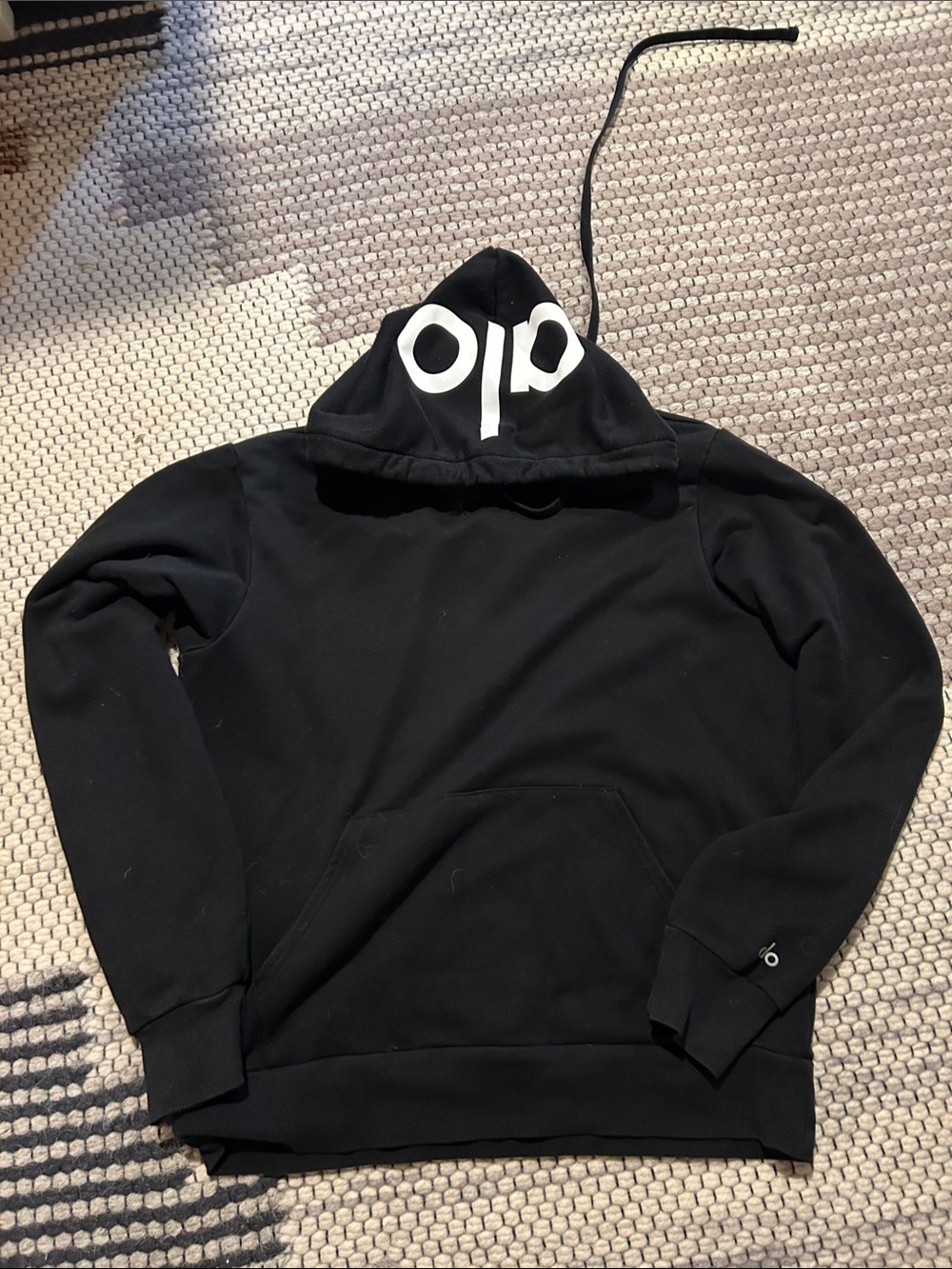 ALO Yoga Men's Black Crewneck Hoodie with White Hood Detail